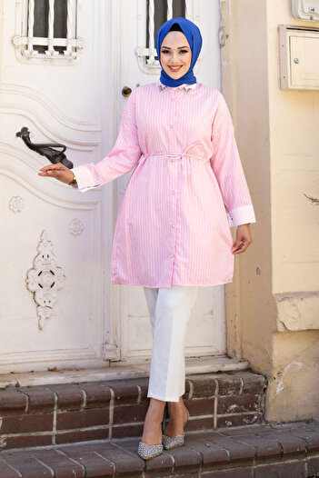Tesettür Dünyası Pink Striped Stone Detailed Tunic - TSD240605