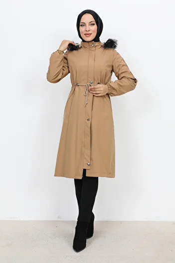 Tesettür Dünyası Medium Size Bondit Coat with Plush Lining TSD231114 Camel