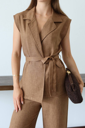 Balenbi Women's Belted Vest Palazzo Linen Suit 1097