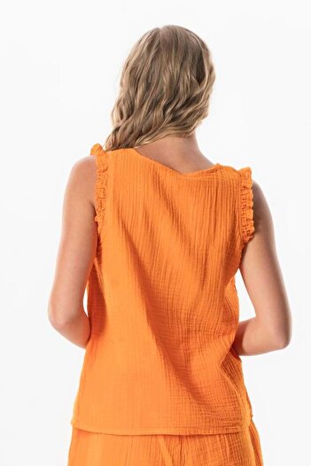 Eliş Şile Bezi Orange Collar Muslim Blouse - Detailed Duru Oval Collar and Ruffle