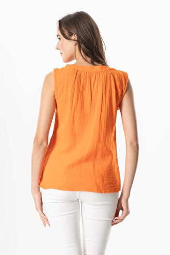 Eliş Şile Bezi V-Neck Berrin Guipure Detailed Muslim Summer Blouse Orange