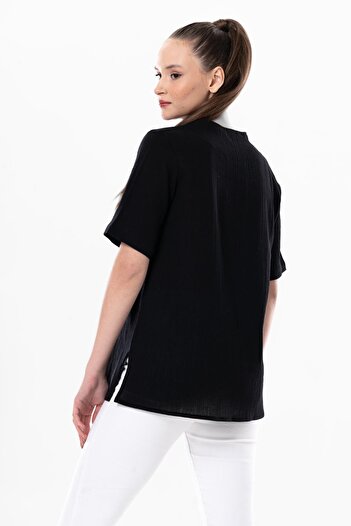 Eliş Şile Bezi Short Sleeve Sile Cloth Rainbow Embroidery Detailed Summer Blouse Black Black