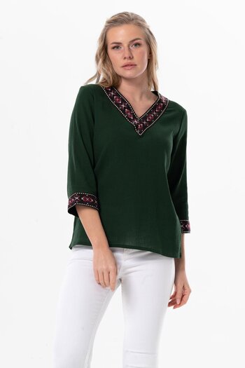 Eliş Şile Bezi Truvakar Sleeve V-Neck Embroidered Talya Şile Cloth Summer Blouse Green Ysl