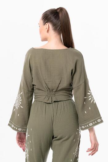 Eliş Şile Bezi Long Sleeve Daylight Gather Detailed Summer Muslin Blouse Khaki Hk
