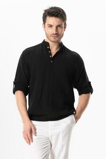 Eliş Şile Bezi Long Sleeve Judge Collar Muslin Sweatshirt Black