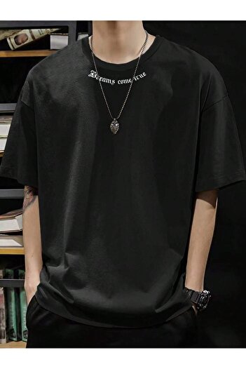 CLAYES Dreams Collar Detail Single Jersey T-Shirt - Black Printed Oversize Crew Neck T-Shirt