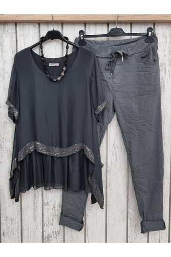 pudubutik Sequined Anthracite Silk Blouse Italian