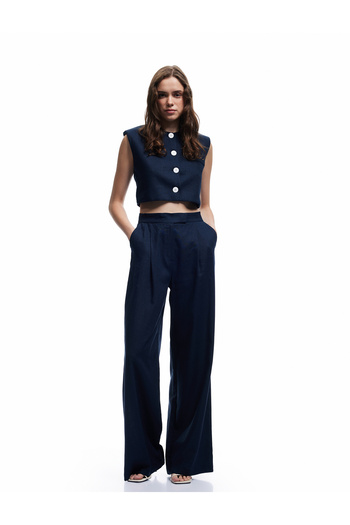 Koton Lined Cotton Pocket Pleated Detailed Long Wide Leg Linen Trousers