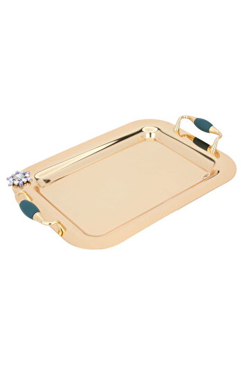 Alsaif Gallery Saif Gallery Steel Tver Set, 41 x 26 x 2.8 cm, 2 Dates with Blue Lid, Glass Bowl, 4 Pieces - Gold