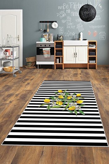 on the clouds Beyaz Siyah Şeritli Limonlu Yıkanabilir Kaymaz Taban Leke Tutmaz Modern Salon Halısı Ve Yolluk