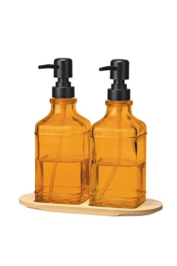 Bayev Favorite Bamboo Stand Set of 2 Amber Liquid Soap Dispenser
