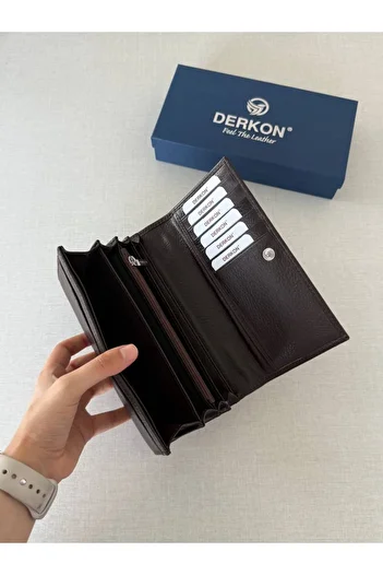 DERKON Genuine Leather Vendy Model Women's Wallet with Plenty of Eyes Brown