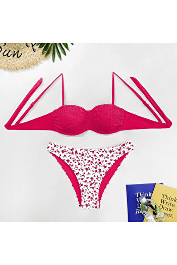 hazelin Women's Plum White Floral Patterned Bikini Suit Hzl25S-Lc211