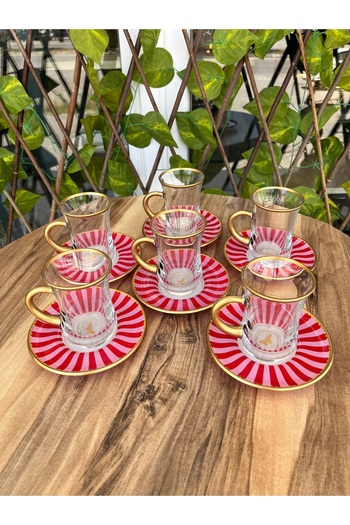 GÜRCÜGLASS Pembe kelebek çay seti 12 prç kulplu