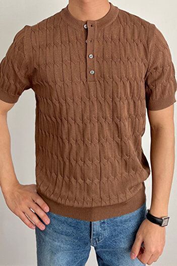 Tarz Cool Men's Brown Judge Collar Buttoned Slim Fit Knitwear T-Shirt