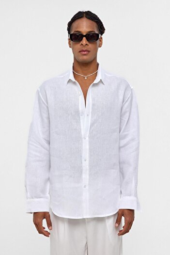 VAMOSCLO 100% Linen Oversize Long Sleeve Shirt Ecru