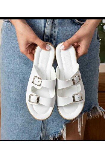 FLARF Double Buckle Daily White Comfortable Outdoor Indoor Slippers Summer Slippers