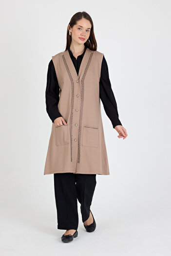 larocci Women's Standard V-Neck Stone Detailed Sleeveless Pocket Vest