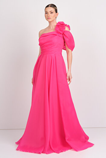 Saygın Women's One Shoulder Detail Back Tie Long Evening Dress 4540 Fuchsia