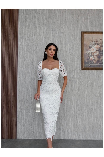 ESRAHELVACI Rochie albă de designer din dantelă decoltată