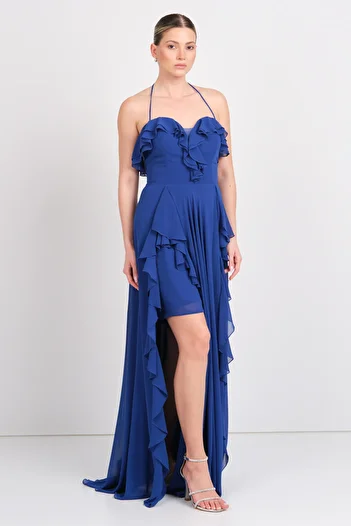 Saygın Women's Halter Neck Heart Collar Ruffle Detailed Long Evening Dress 5612 Saks