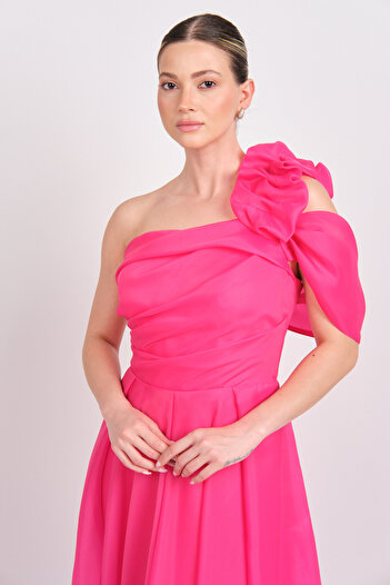 Saygın Women's One Shoulder Detail Back Tie Long Evening Dress 4540 Fuchsia