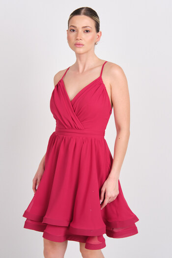 Saygın Women's Double Breasted Collar Short Evening Dress 0990237 Cherry