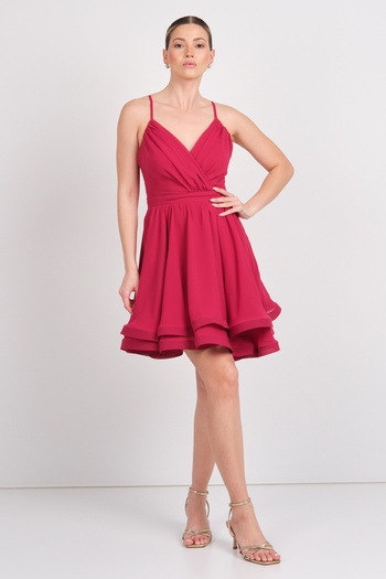 Saygın Women's Double Breasted Collar Short Evening Dress 0990237 Cherry