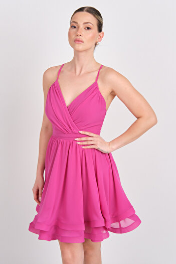 Saygın Women's Double Breasted Collar Short Evening Dress 0990237 Fuchsia