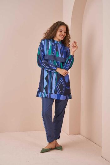 Mevra Ethnic Pattern Hijab Swimsuit Short Indigo