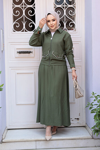 N.S NEVA STYLE Διπλό Σετ με Χακί Φούστα Hijab με φερμουάρ 44751HK