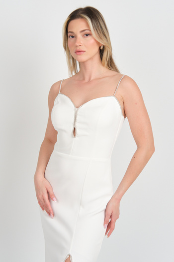Dans Women's Rope Strap Deep Slit Midi Evening Dress 1568 Ecru
