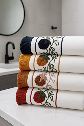 AYHANHOME Punch Embroidered Fringed 4 Pieces 50X90 Hand Face Towel Set