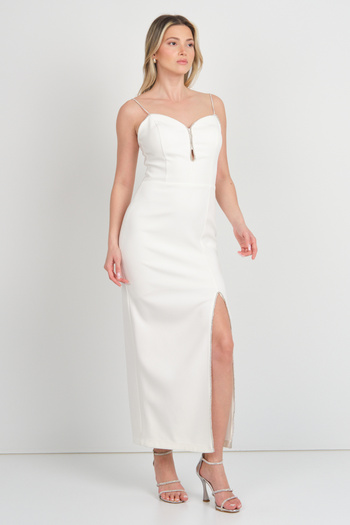 Dans Women's Rope Strap Deep Slit Midi Evening Dress 1568 Ecru