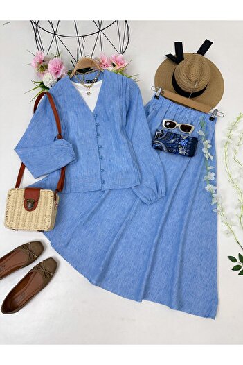 YEDİLALE Long Sleeved Summer Shirt Skirt with Clover Button Double Set