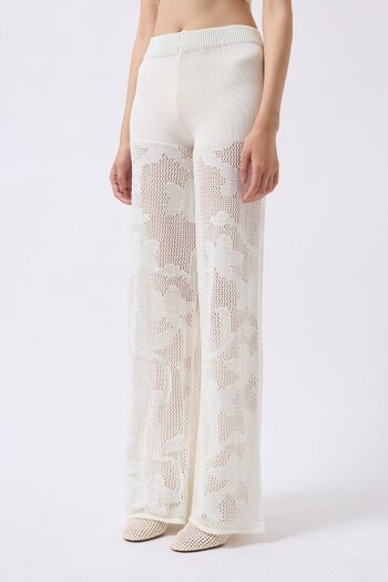 WOMAN VISION Ecru Knitted Knitwear High Waist Wide Leg Design Beach Pants 004