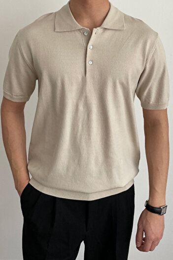 Tarz Cool Men's Beige Buttoned Regular Fit Knitwear T-Shirt