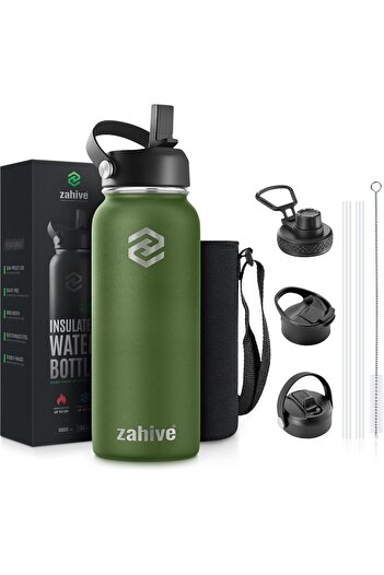 Generic Zahive Stainless Steel Water Bottle 1l with 3 Lids & Bag - Insulated Water Bottle with Straw - 1000m