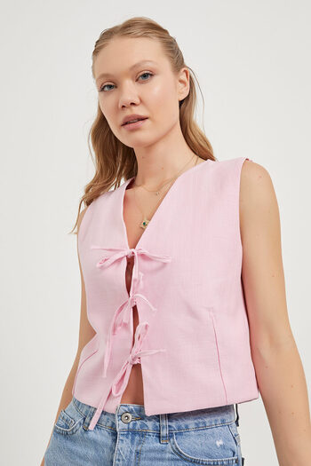 Arma Life Women's Tie Front Linen Look Pink Crop Vest