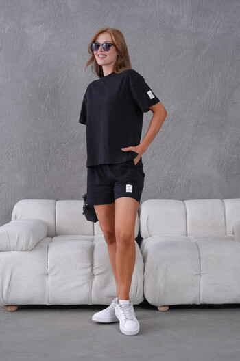 Park Karon Crew Neck Short Sleeve Top Waist Lace up Elastic Shorts Basic Knitted Two Piece Set