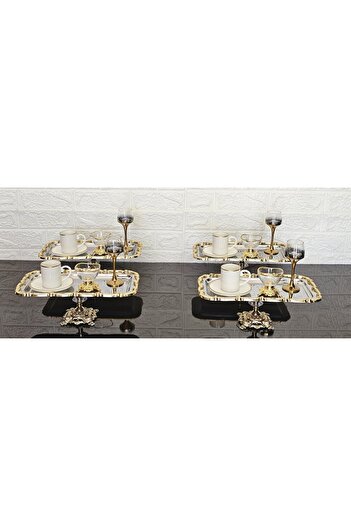 atabey home collection 6 Adet Baton Gümüş Sunum Tepsisi Gold Gül Çerçeveli & Kahve & Çay Tepsisi 32cm