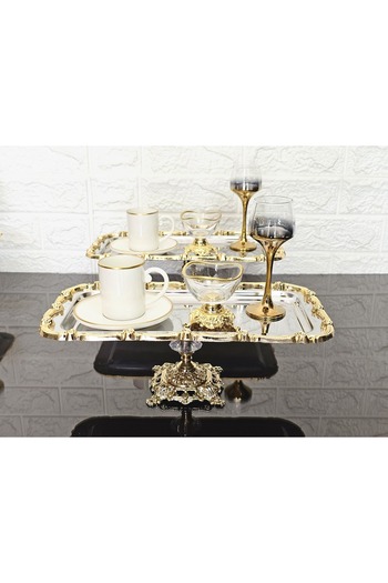 atabey home collection 1 Piece Baton Silver Presentation Tray Gold Rose Framed & Coffee & Tea Tray 32cm
