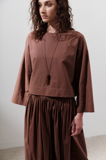 Manuka Cotton Crop Long Sleeve Bluz Hot Brown