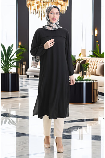 sefamerve Side Slit Long Tunic 4104-05 Black