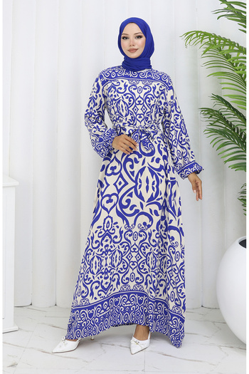 sefamerve Φόρεμα με μοτίβο ζωσμένο 2091-02 Λευκό Navy Blue