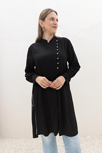 ALLDAY Black-Half Placket Slit Linen Tunic