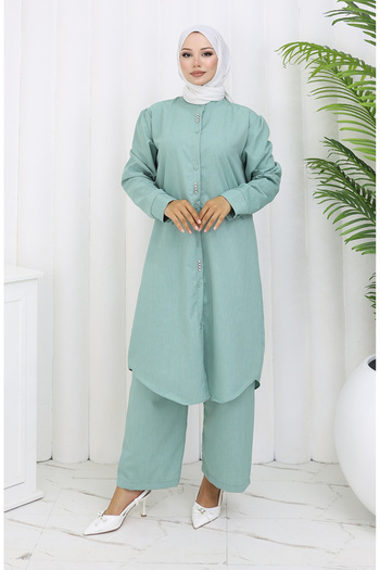 sefamerve Stoned Tunic Trousers Double Set 2090-02 Çağla Green