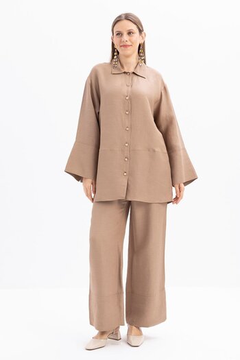 ALLDAY Mink-Wide Folded Slit Linen Trousers Suit