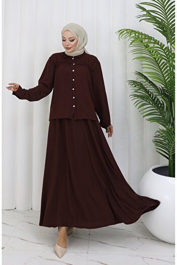 sefamerve Aerobin Fabric Shirt Skirt Double Set 2082-01 Brown