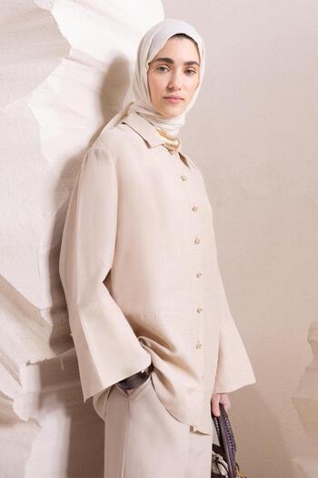 ALLDAY Beige-Wide Folded Slit Linen Trousers Suit